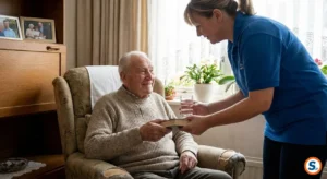 Anziano ultraottantenne assistito da badante regolare in casa.