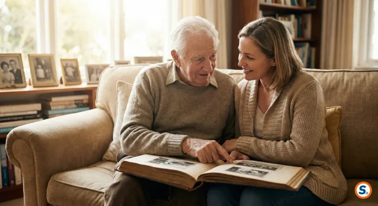 Padre anziano e figlio guardano sorridenti un album di foto insieme per la festa del papà.