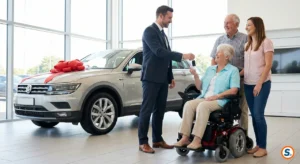 Consegna delle chiavi di un'auto nuova a una donna anziana in sedia a rotelle, accompagnata dalla famiglia in una concessionaria luminosa. Riferimento visivo per acquisto con Legge 104.