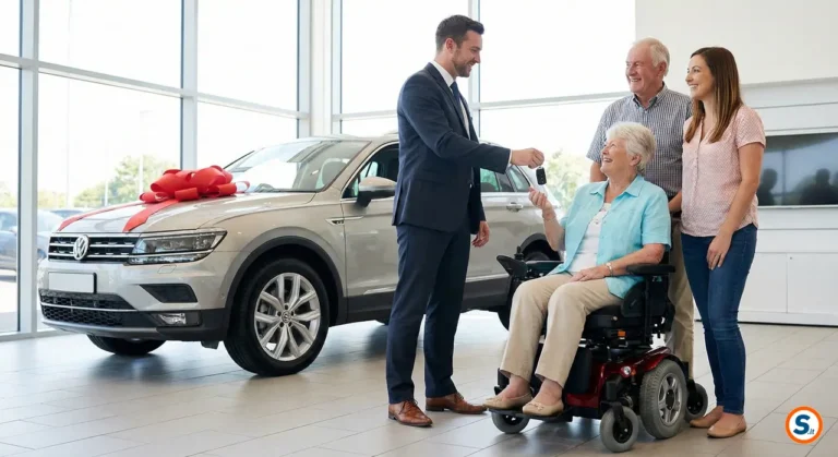 Consegna delle chiavi di un'auto nuova a una donna anziana in sedia a rotelle, accompagnata dalla famiglia in una concessionaria luminosa. Riferimento visivo per acquisto con Legge 104.