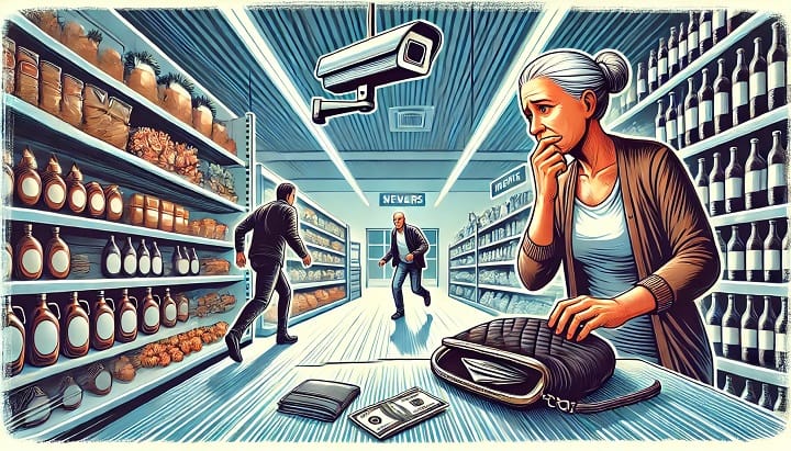 donna anziana che scopre il furto del suo portafoglio mentre due sospetti si allontanano