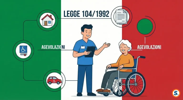 Infografica illustrativa sulla Legge 104/1992 in Italia. Un operatore sanitario spiega le agevolazioni a un'anziana in sedia a rotelle, con icone collegate relative a casa, documenti, contrassegno disabili e auto su sfondo della bandiera italiana.