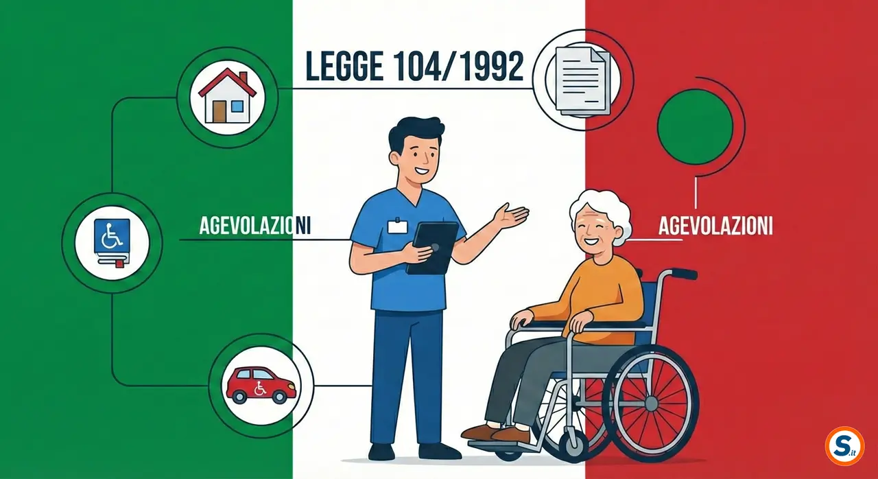 Infografica illustrativa sulla Legge 104/1992 in Italia. Un operatore sanitario spiega le agevolazioni a un'anziana in sedia a rotelle, con icone collegate relative a casa, documenti, contrassegno disabili e auto su sfondo della bandiera italiana.