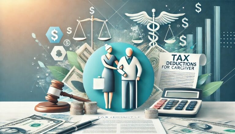 una persona anziana felice insieme alla sua badante circondati da documenti fiscali