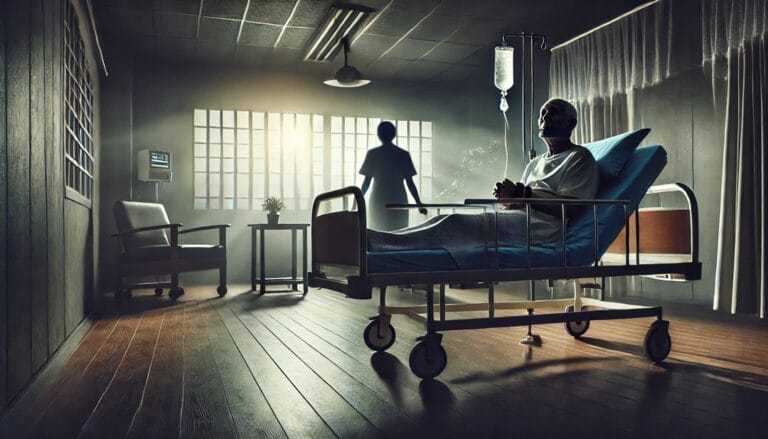 Anziano legato nel proprio letto e un operatore che gli volta le spalle