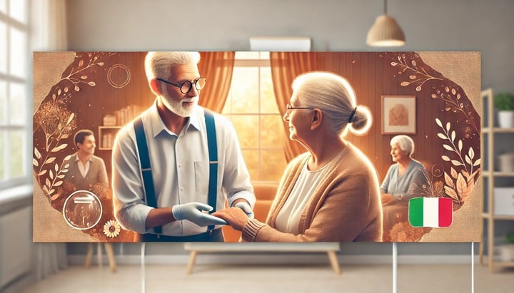 due anziani che si guardono e dietro di loro si trovano due assistenti domiciliari italiani