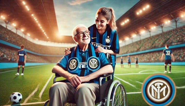 Gianni, con la sciarpa dell'Inter, seduto accanto al suo caregiver in uno stadio, circondato dall'atmosfera vibrante di una partita di calcio.