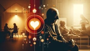 anziano con uno sguardo pensieroso seduto in un ambiente sobrio