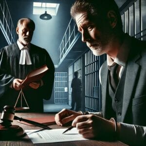 aula di tribunale con un giudice che legge una sentenza, mentre un uomo esce dal carcere con un'espressione confusa e preoccupata