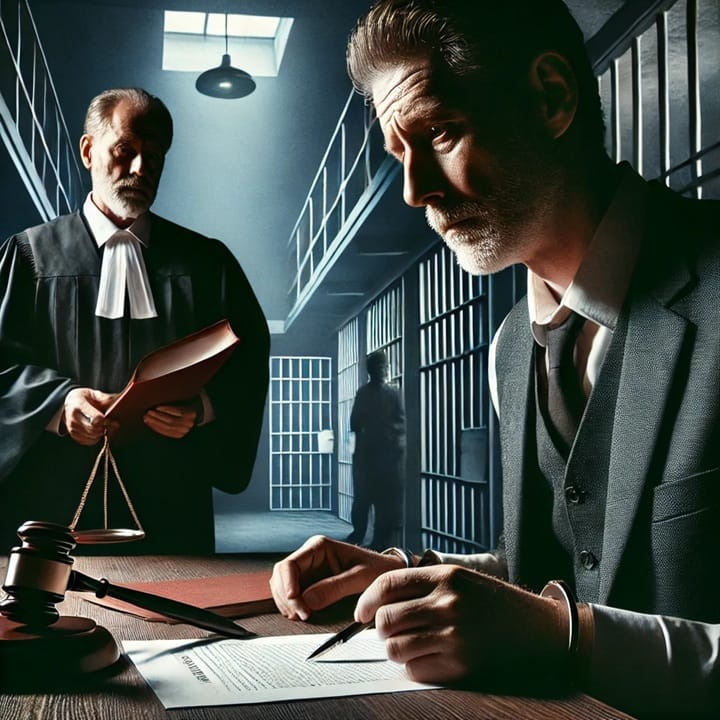 aula di tribunale con un giudice che legge una sentenza, mentre un uomo esce dal carcere con un'espressione confusa e preoccupata