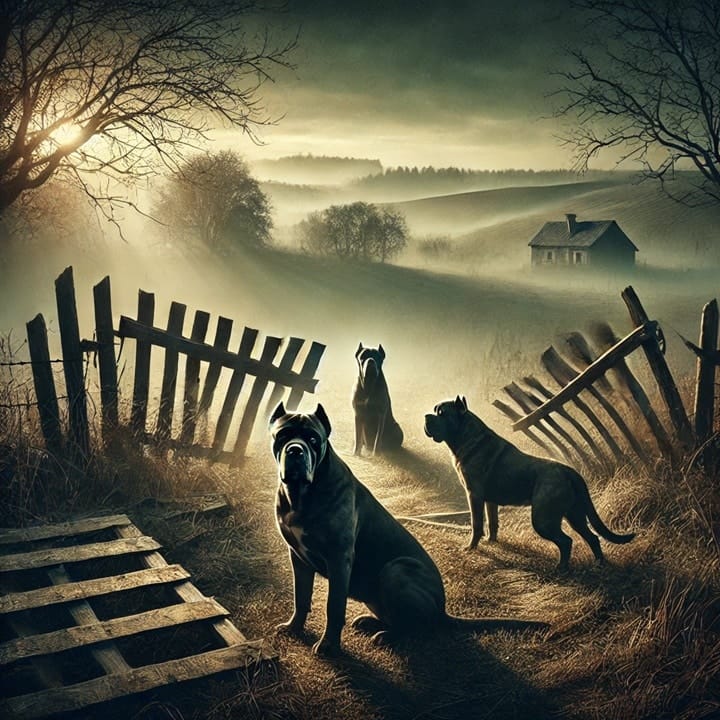 recinzione rotta e tre cani di razza corso nelle vicinanze