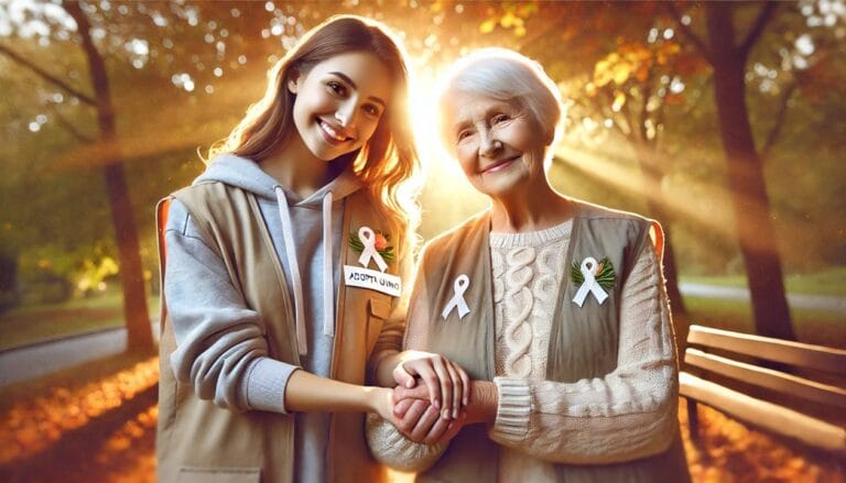 Una Volontaria abbracciata ad una nonna