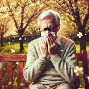 Anziano seduto in una panchina che si pulisce il naso con un fazzoletto