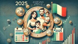 Famiglia italiana felice ,al centro di una moneta 1 euro, per le novità dell'assegno unico 2025