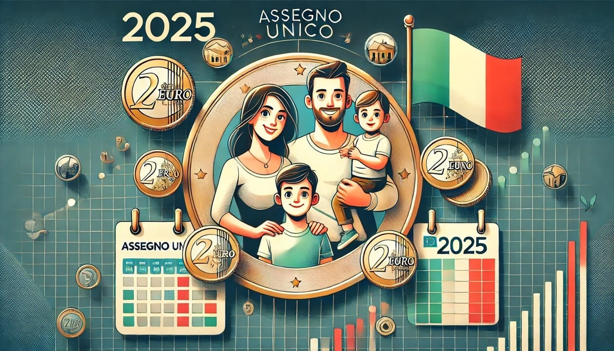Famiglia italiana felice ,al centro di una moneta 1 euro, per le novità dell'assegno unico 2025