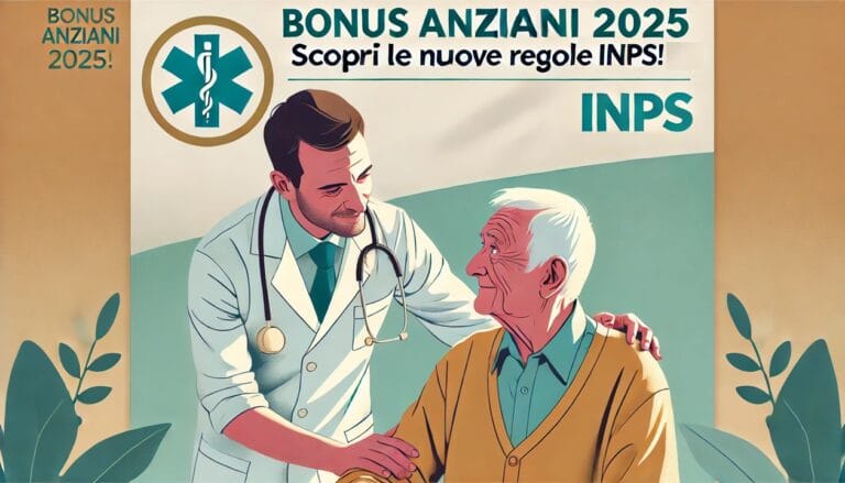 PUn coartello con scritto Bonus anziani 2025, scopri le nuove regole INPS. e in prima piano un medico che abbraccia un anziano