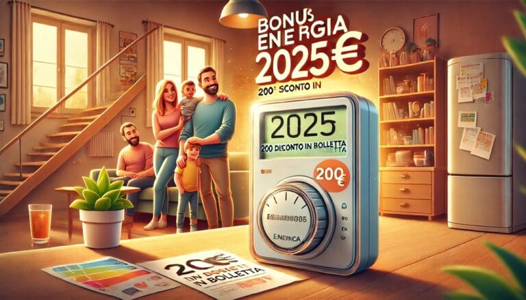 Un contatore elettrico con una bolletta ridotta in primo piano. Una scritta in evidenza: "Bonus Energia 2025: 200€ di Sconto in Bolletta!". Un background con famiglie felici che ricevono aiuti economici.