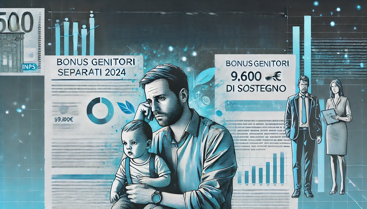 Padre separato con il figlio piccolo in braccio e la madre separata che attende il pagamento del bonus
