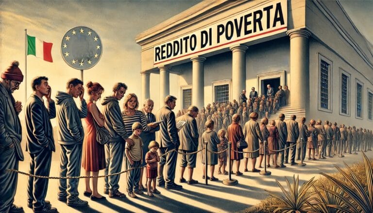 una lunga fila di persone in attesa di aiuti economici davanti a un edificio governativo, con volti preoccupati e un'atmosfera tesa.