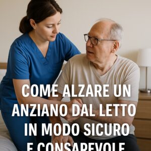 Caregiver che aiuta un anziano ad alzarsi dal letto