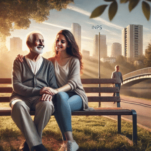 una giovane e un anziano seduti insieme su una panchina, sorridendo, con uno sfondo urbano sereno