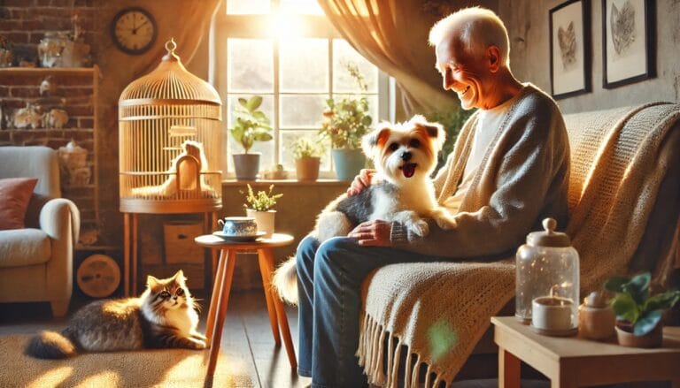 un anziano seduto in un salotto accogliente con un cane sulle ginocchia, un gatto vicino e un uccellino in gabbia.