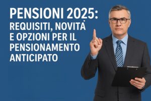 Cartello con un impiegato che indica la dicitura: Pensioni 2025 - requisiti, novita opzioni di pensionamento anticipato