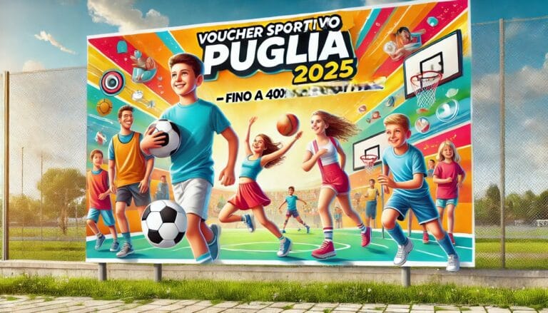 Un cartellone che mostra bambini che giocano e con scritto Voucher Sportivo Puglia 2025