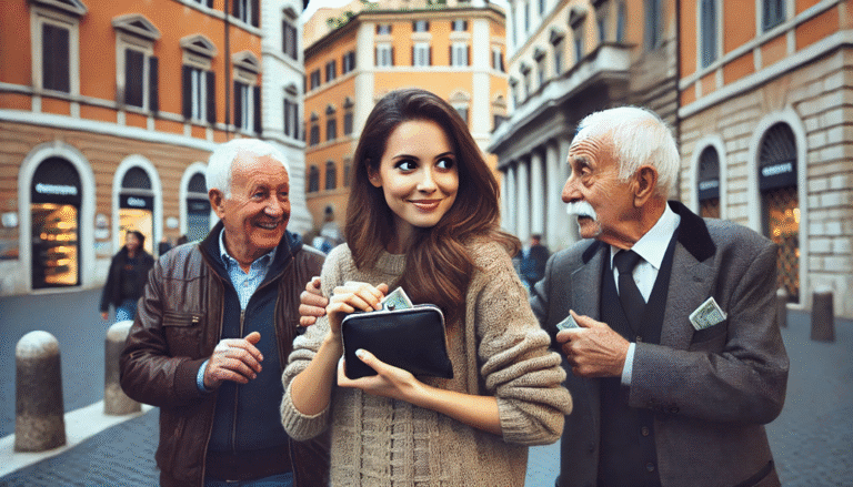 una ragazza giovane a Roma che abbraccia e bacia anziani e nel frattempo lli deruba