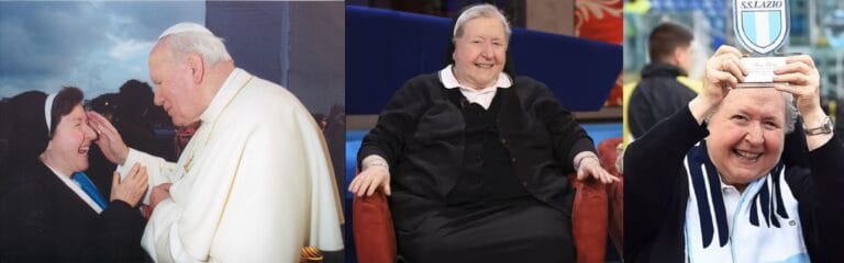 Suor Paola in 3 occasioni: con il Papa; in uno studio televisivo; con lo scudetto della Lazio