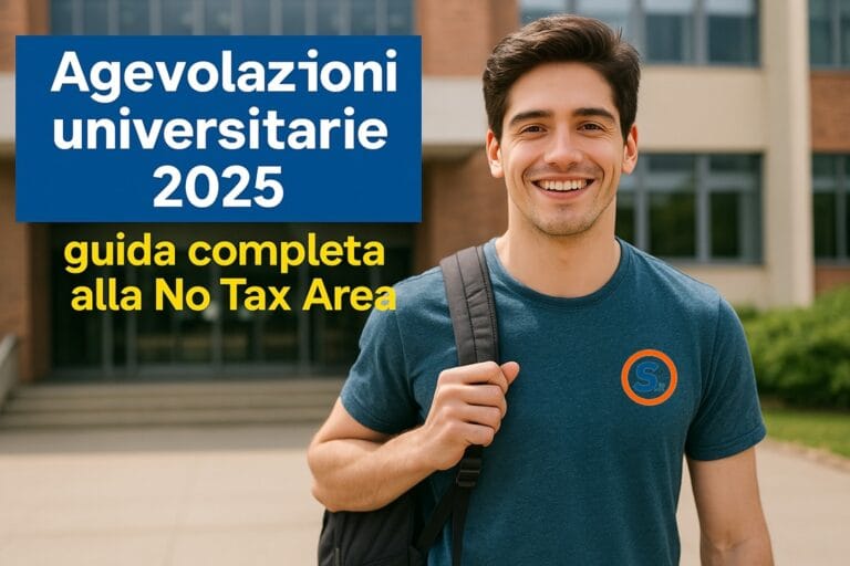 Studente universitario sorridente con zaino davanti all’ingresso di un’università moderna, con la scritta "No Tax Area 2025 - Studiare senza tasse è possibile" in alto