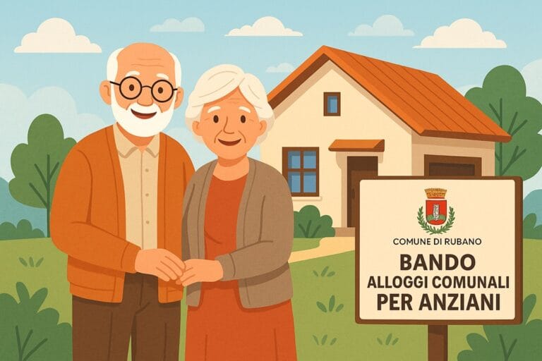 una coppia di anziani sorridenti davanti a una piccola casa con giardino