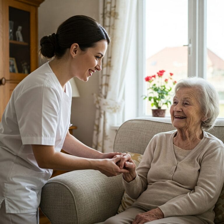 operatrice socio-sanitaria assiste un'anziana signora sorridente nella sua casa