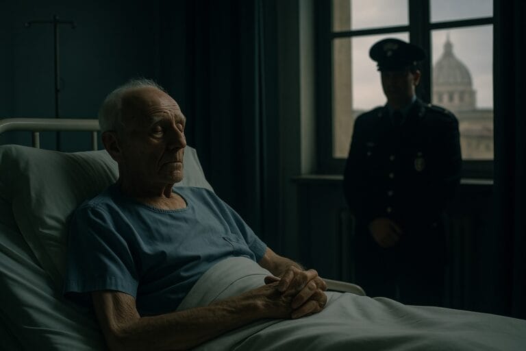 un’anziana figura maschile in una stanza d’ospedale, con luce tenue e atmosfera cupa. Sullo sfondo, una finestra da cui si intravede Roma