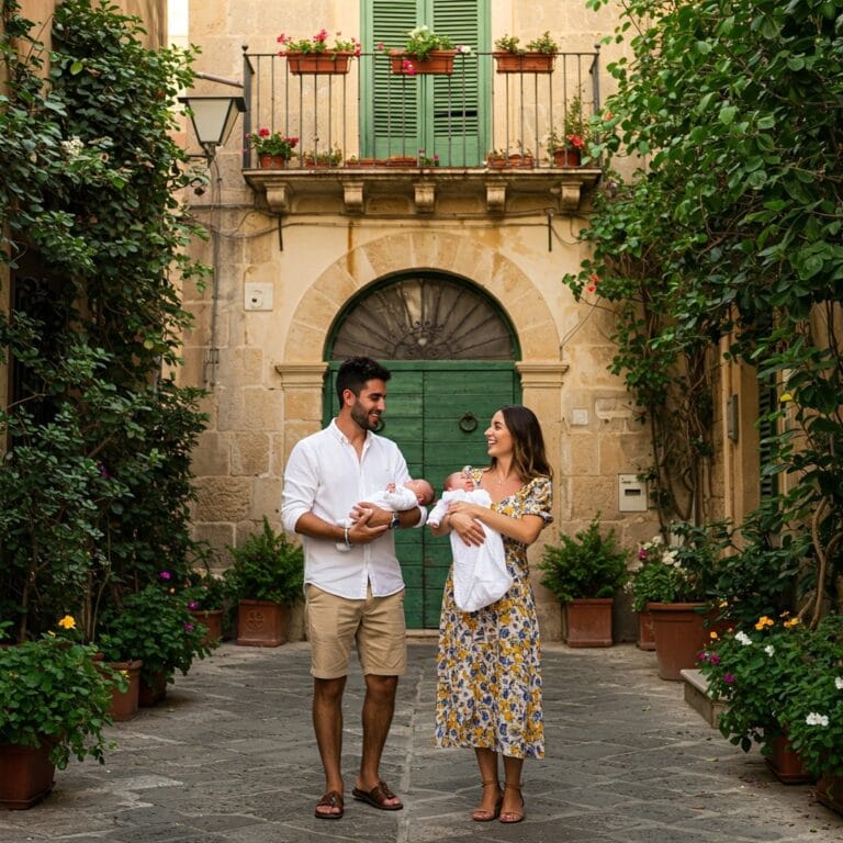 Una giovane coppia siciliana con il loro neonato in braccio, sorridenti davanti alla porta di casa, in un contesto urbano siciliano