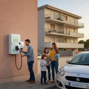 Una famiglia italiana installa una wall box per la ricarica domestica di un'auto elettrica, con sfondo di un edificio residenziale moderno.