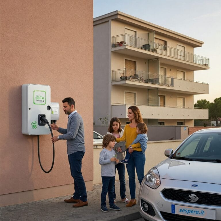 Una famiglia italiana installa una wall box per la ricarica domestica di un'auto elettrica, con sfondo di un edificio residenziale moderno.