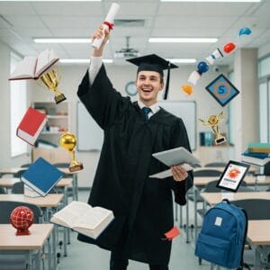 Un giovane diplomato felice con in mano il diploma, circondato da simboli di cultura e studio (libri, tablet, zaino, trofei), sullo sfondo un’aula moderna e luminosa.