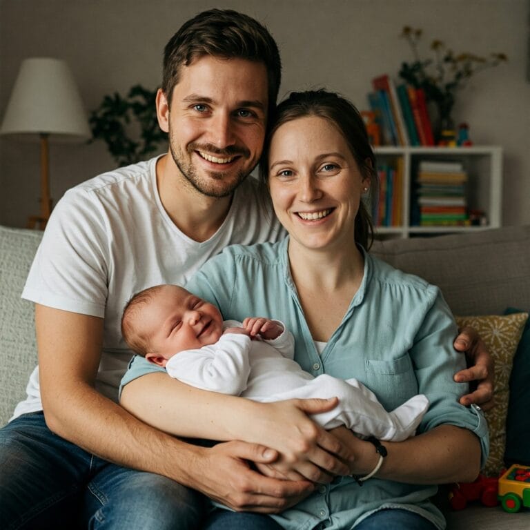Una giovane famiglia felice con un neonato in braccio