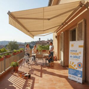 Famiglia che installa tende da sole su una terrazza soleggiata