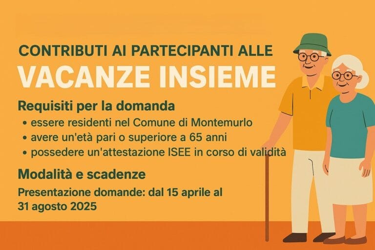 volantno che comunica i requisiti per il contributo di 200 per partecipare a Vacanze Insieme con una coppia di Anziani nello sfondo