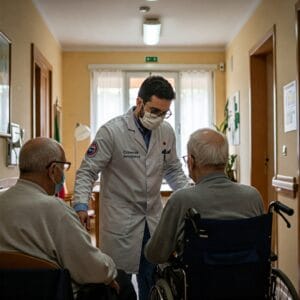 operatore socio-sanitario che assiste un anziano e una persona con disabilità in un centro diurno