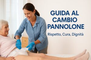 familiare con guanti monouso sta cambiando con delicatezza il pannolone a una persona anziana, sorridendo e parlando con gentilezza