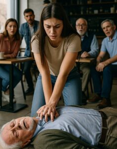 Una giovane ragazza italiana di 18 anni pratica il massaggio cardiaco a un anziano in un bar moderno di Piacenza, con clienti sorpresi attorno