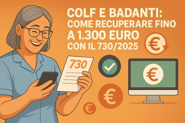 una badante sorridente mentre riceve un accredito sul cellulare o controlla un rimborso sul PC.