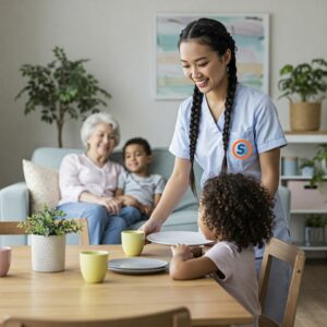 Una badante sorridente che appare partecipe in una scena familiare: mentre apparecchia con un bambino o aiuta un’anziana signora sul divano