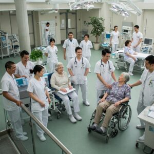 Un gruppo di operatori socio sanitari (OSS) in divisa, sorridenti, in un ambiente ospedaliero moderno. Alcuni parlano tra loro, altri assistono pazienti anziani con gentilezza