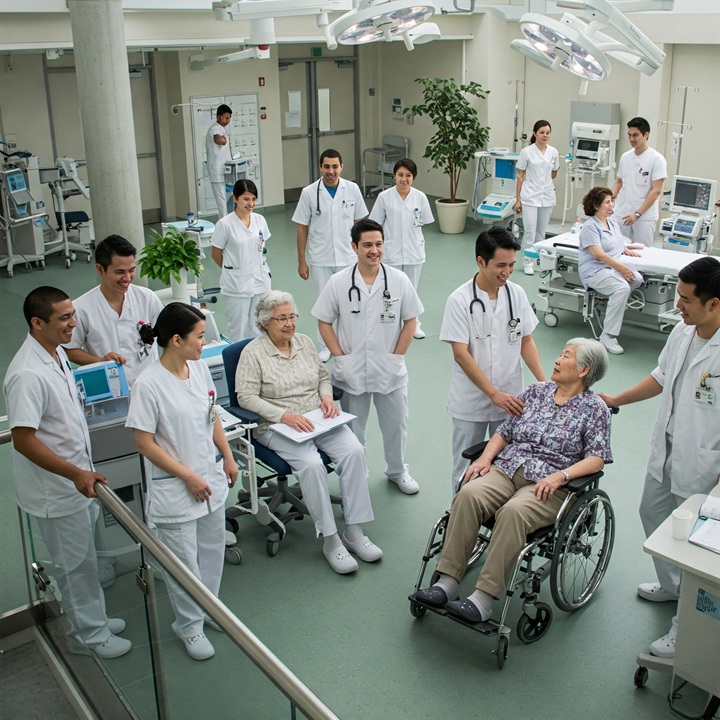 Un gruppo di operatori socio sanitari (OSS) in divisa, sorridenti, in un ambiente ospedaliero moderno. Alcuni parlano tra loro, altri assistono pazienti anziani con gentilezza