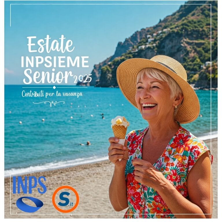 una pensionata sorridente che si gode una vacanza estiva in una località turistica italiana, con lo sfondo di una spiaggia e una montagna