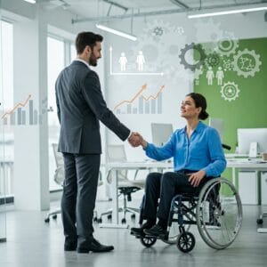 Un imprenditore e una lavoratrice con disabilità che si stringono la mano in un ambiente di ufficio moderno